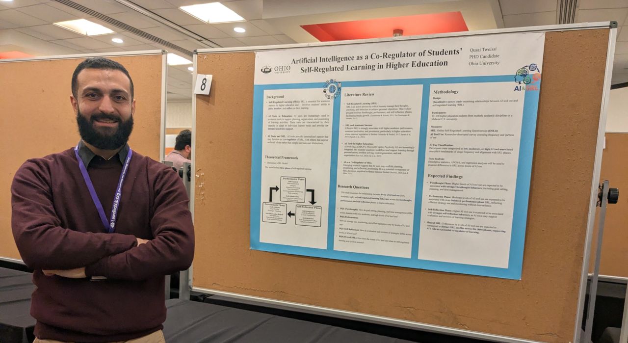 Qusai Tweissi with his AI and self-regulated learning research poster at SITE 2026